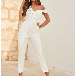 White Ruffle Off the Shoulder Jumpsuit